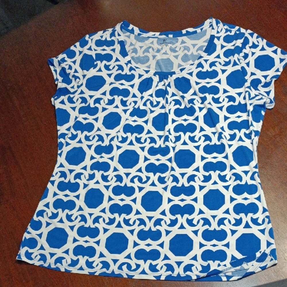 Worthington Blue and White Geometric Short-Sleeve Tee